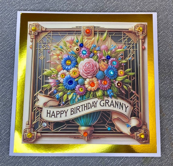 Handmade Birthday Card for Granny, Dimensional, Personalised, Art Deco, Bouquet of Flowers