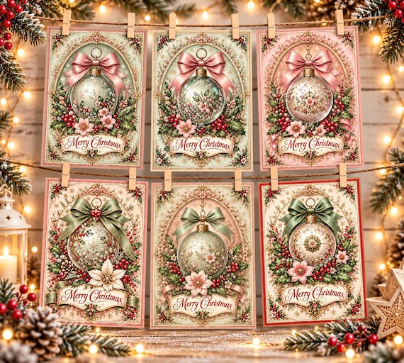 Set of 6 Handmade Christmas Cards, Vintage Bauble Greeting Cards, Victorian Style Festive Cards, Envelopes Included, Free UK Delivery