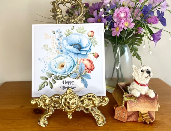 Unique Handmade Birthday Card in a Pretty bunch of blue Peony Flowers, Free Postage