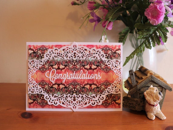 Handmade Congratulations Greeting Card, Original Digital Art Background, Die Cut, Friends, New Job etc