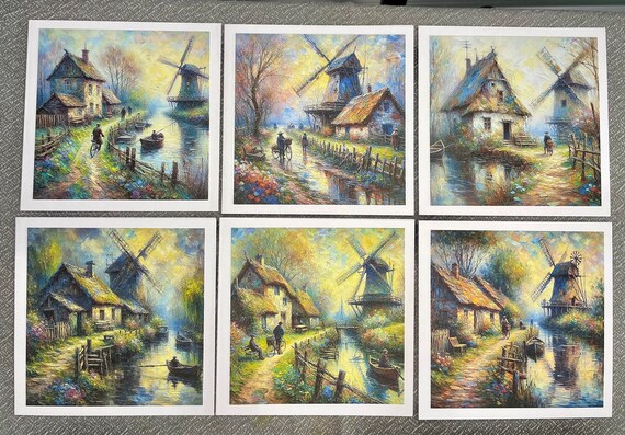 Pack of 6 Notelet Cards with Envelopes, Blank, Windmill and Canal Set B