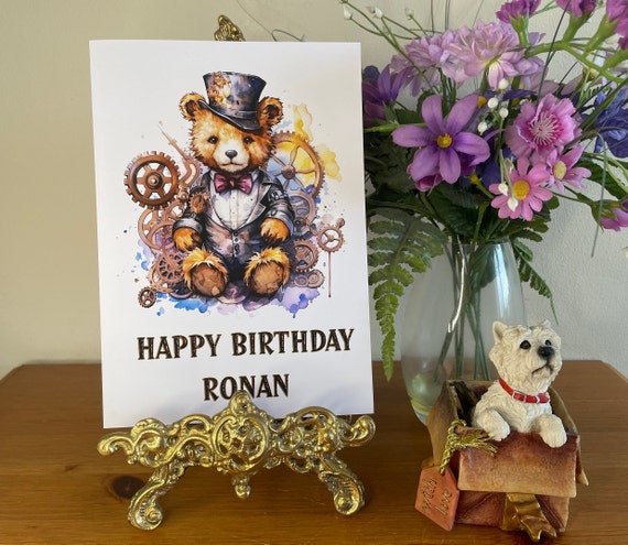 Large Personalised Birthday Card. Steampunk Bear, Any Name