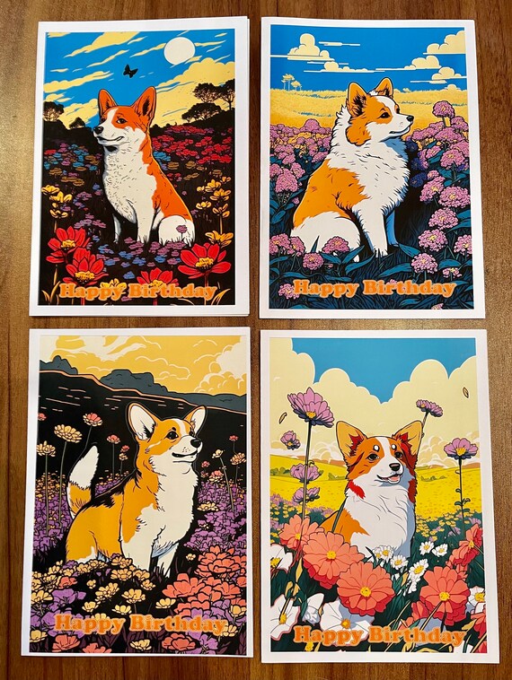 Pack of 4 Large Birthday Cards with printed images of Art Deco style Corgi Dogs