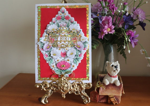 Unique Handmade Birthday Card, Floral decoupage wreath with metallic holographic card