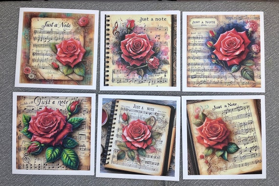 Pack of 6 Notelet Cards, Red Rose on Music Vintage Art, Set B