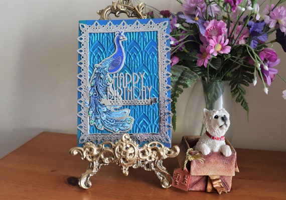 Unique Handmade Birthday Card with 3D Decoupage Peacock on an Art Deco Embossed Mirror Card Background and Silver Lace Frame & Sentiment