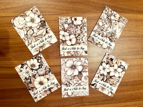 Set of Notelet Cards, 6 Different Floral Sepia Designs, Multipurpose - Just a Note to Say