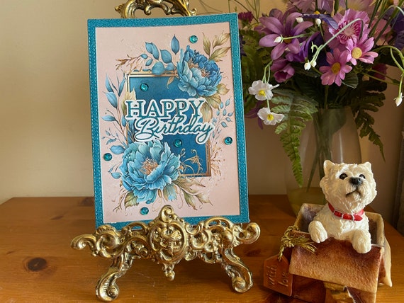 Unique Handmade Birthday Card, Blue Peony Flowers, Personalise