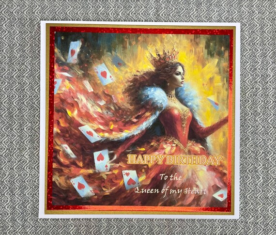 Unique Handmade Birthday Greetings Card, Queen of Hearts,