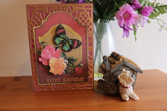 Handmade 3D Birthday Card, Decoupage Butterfly and Flowers, Unique, Personalise