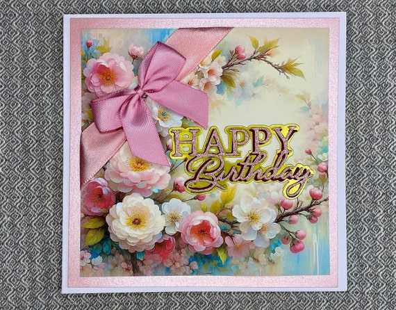 Unique Handmade Birthday Card, Pretty female pink blossom with ribbon and bow