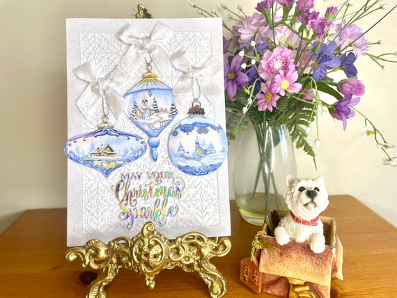 Large A5 Handmade Christmas Card, 3D Decoupage Christmas Baubles and Glittery Bows