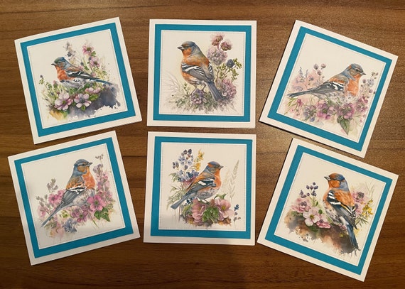 Pack of 6 Luxury Note cards with printed and mounted images of six beautiful chaffinch birds