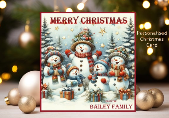 Personalised Christmas Card, Colourful and Jolly Snowmen, 6" x 6" Square, Can be TO or FROM with Any Name or Names or Family Name.