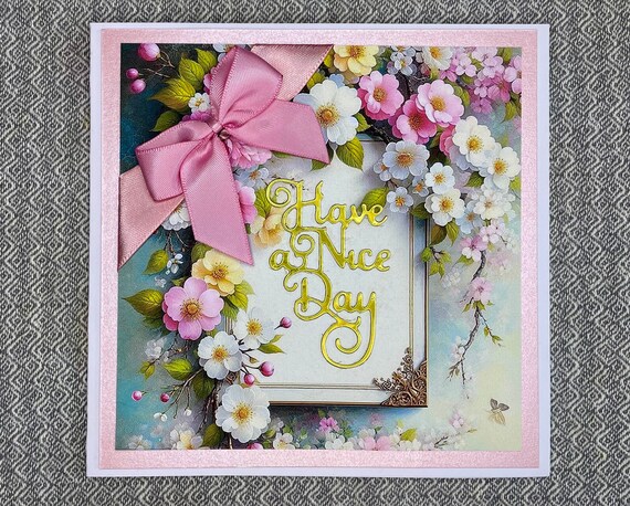 Unique Handmade Birthday Card, Pretty female pink blossom with ribbon and bow