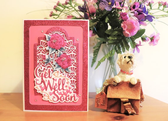 Handmade Get Well Soon Card, Floral Pink and Glitzy