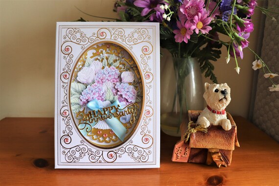 Ornate Box Frame Anniversary Handmade Card, freestanding with Decoupage Bouquet of Flowers, Ribbon Bow with Gift Box and Free Postage
