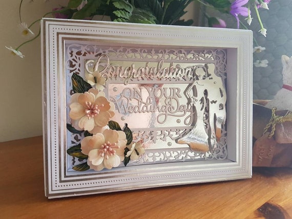 Unique Handmade Box Frame Wedding Card with Ornate Die Cut Flowers and panels with Gift Box and Free Postage