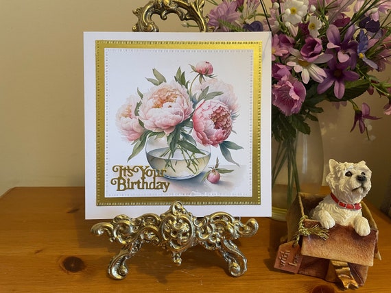 Unique Handmade Large Birthday Card with a Vase of Pink Peonies