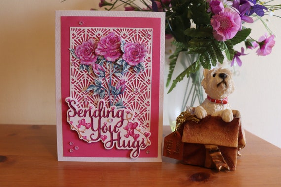 Handmade Greetings Card Sending You Hugs, Floral Pink Roses with Glitter