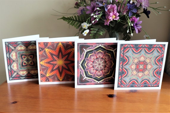 Set of 4 Designer Note Cards, Unique kaleidoscope mandala designs printed on matte photo card paper, each mounted on it's own card.