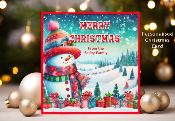 Personalised Christmas Card, Colourful and Jolly Snowmen, 6" x 6" Square, Can be TO or FROM with Any Name or Names or Family Name.