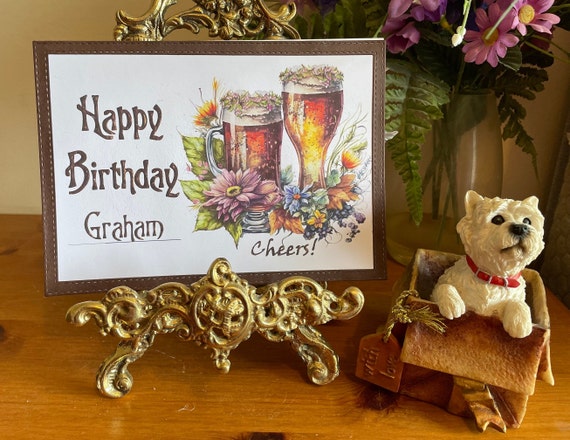 Unique Handmade Birthday Card with Beer Glasses and Flowers, can be Personalised with any Name