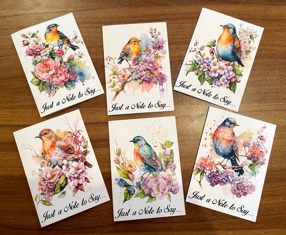 Pack of 6 Notelet Cards with Envelopes, Birds and Flowers, Blank or Optional Text - Just a Note to Say, Thank You, Thinking of You or Hello,