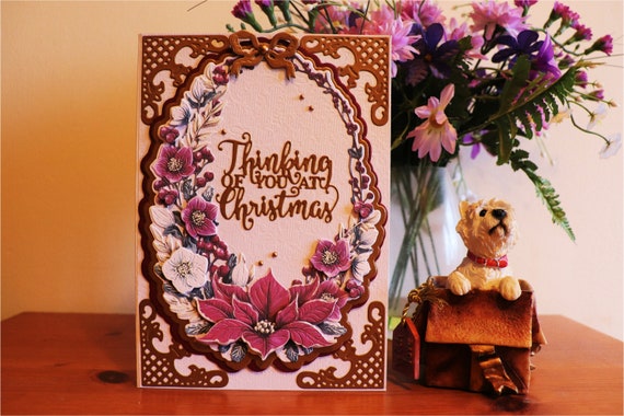 Large A5 Handmade Christmas Card, 3D Decoupage Poinsettias and Christmas Roses Wreath