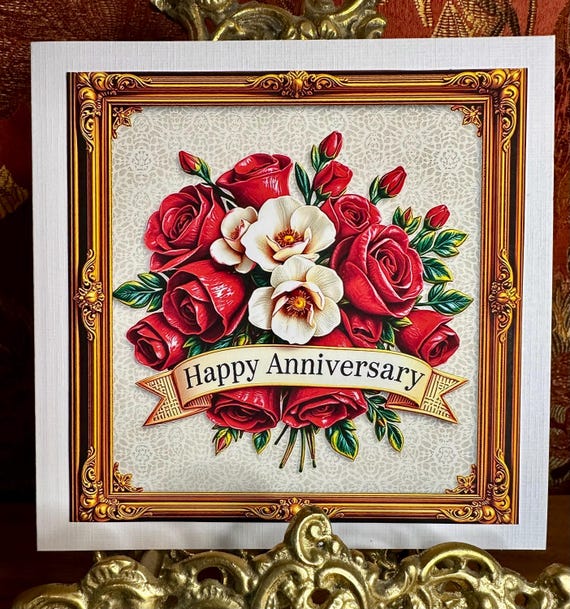 Unique Wedding Anniversary Card, Bouquet of Roses in a Frame, Free Postage