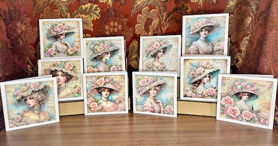 Set of 10 Different Luxury Notecards, elegant vintage ladies in big hats, on a charming textural background. Free postage.