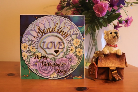 Unique Valentine's Day Card, Handmade Card Sending Love, Fancy Die Cut Circular Flowers