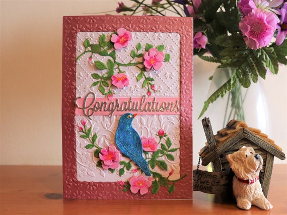 Handmade Decoupage Congratulations Card, Wild Roses and Bluebird on an embossed background