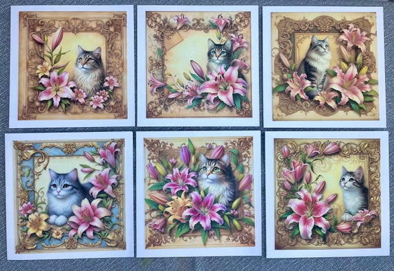 Pack of 6 Notelet Cards with Envelopes, Cats and Lilies, Blank