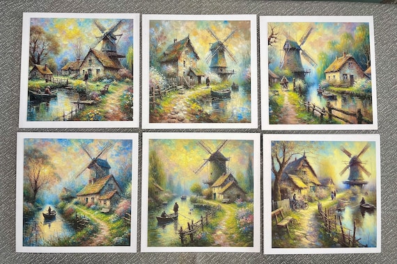 Pack of 6 Notelet Cards with Envelopes, Blank, Windmill and Canal Set C