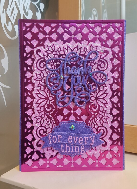 Large A5 size Unique Handmade Thank You Card, Large A5 size, Pink & Purple Glitter, die cut, personalise