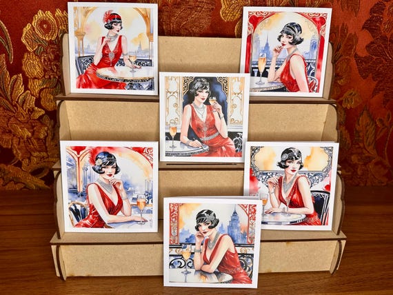 Pack of 6 Notelet Cards with Envelopes, Art Deco Vintage Ladies in Red, Blank, Six Different Designs, Free Postage.