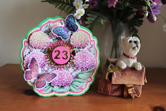 Unique Handmade Any Age Birthday Card with 3D Floral decoupage shaped card, Personalise Age, 3D Butterflies and hydrangeas