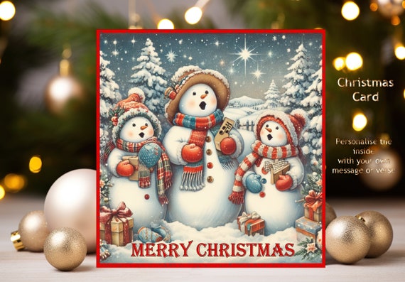 Christmas Card with Colourful and Jolly Snowmen, can be personalised inside, Single Card or Packs of 6 or 12.