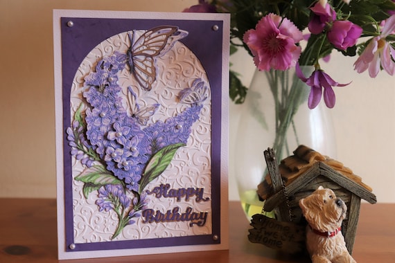 Handmade Decoupage 3D Birthday Card with Lilac Flowers and Butterflies