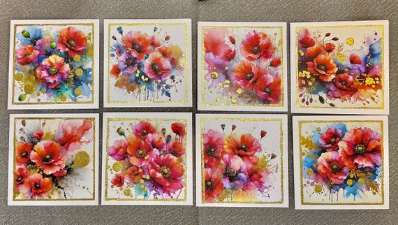 Pack of 8 Different Poppy Paintings, Multipurpose Greeting Cards embossed with sparkly gold glitter