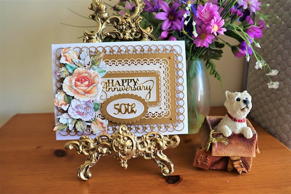 Unique Handmade Golden Wedding Anniversary Card, with decoupage flowers, die cut lace panels and pearls.