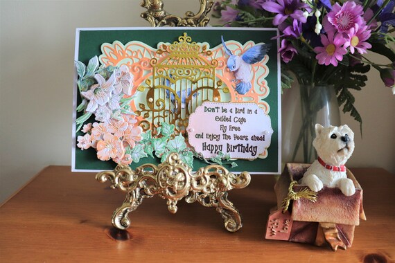 Unique Handmade Birthday Card with Golden Bird Cage, Decoupage Flowers and Blue Birds