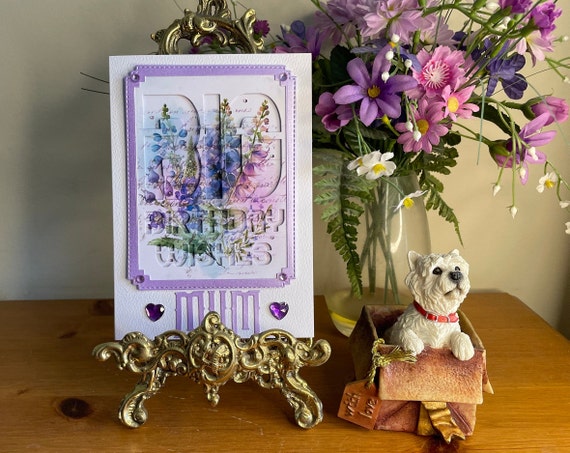 Unique Handmade Birthday Card for Mum. with Eclipse Technique Panel of Purple Flowers saying Big Birthday Wishes