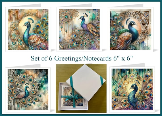 Set of 6 Art Deco Peacock Greeting or Note Cards, Blank 6" x 6" with Envelopes, Optional Gift Box, Postage Free (Set A)