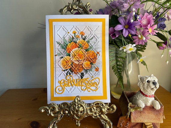 Unique Handmade Get Well Soon Card, using the Eclipse Technique with an Orange Floral Bouquet in a fancy lozenge panel.