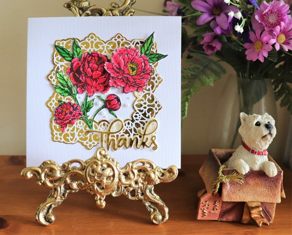 Unique Handmade Thank You Card, Hand Stamped and Painted Red Peony on a Linen Effect Card Base on a Gold and White Lace Frame