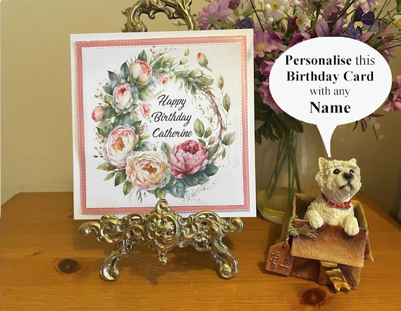 Unique Handmade Personalised Birthday Card in a Wreath of Pink Peonies.