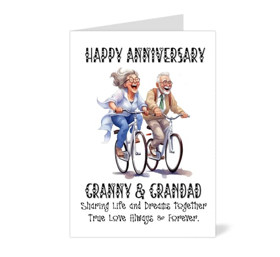 Personalised Grandparents Anniversary Card, Couple on Bicycles. can be left Blank or Message Inside Card at no extra cost, Free Postage