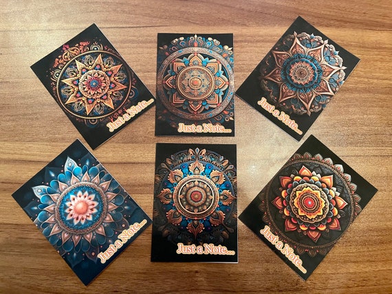 Set of 6 Mandala Notelet Cards with envelopes. Blank or Optional Text - Just a Note, Thank You, Thinking of You or Hello. Free Postage.